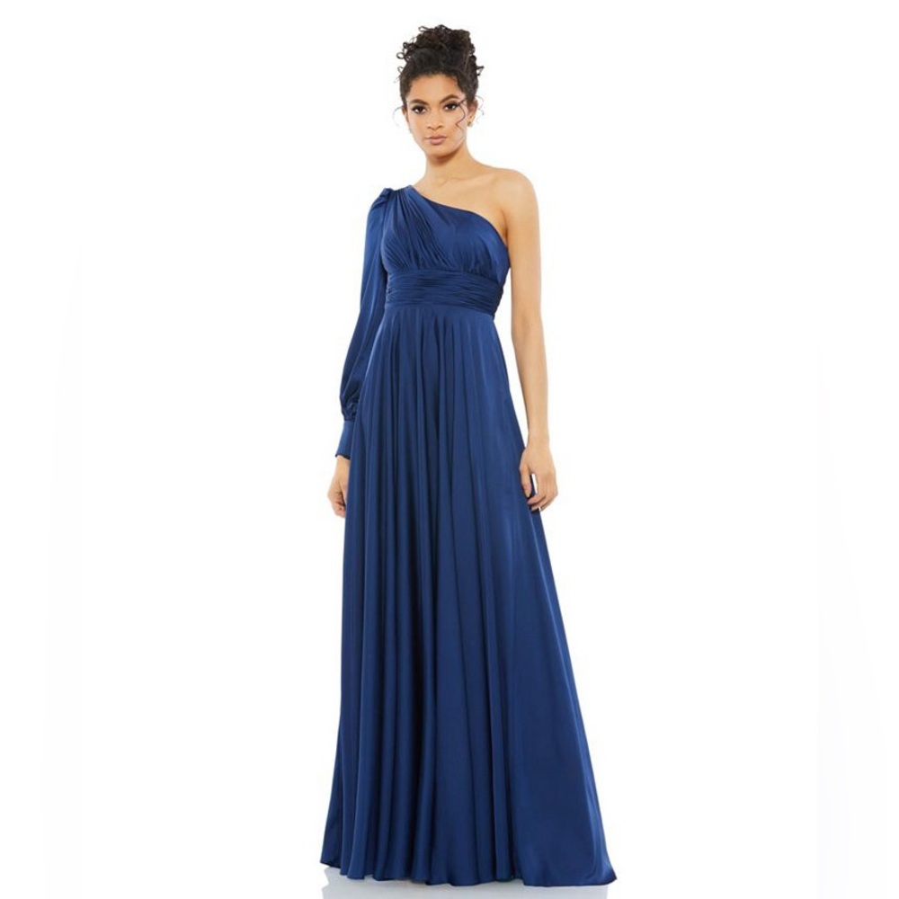 Mac Duggal One Shoulder Long Sleeve Satin Midnight Navy Gown Dress Sz 8 Nwot